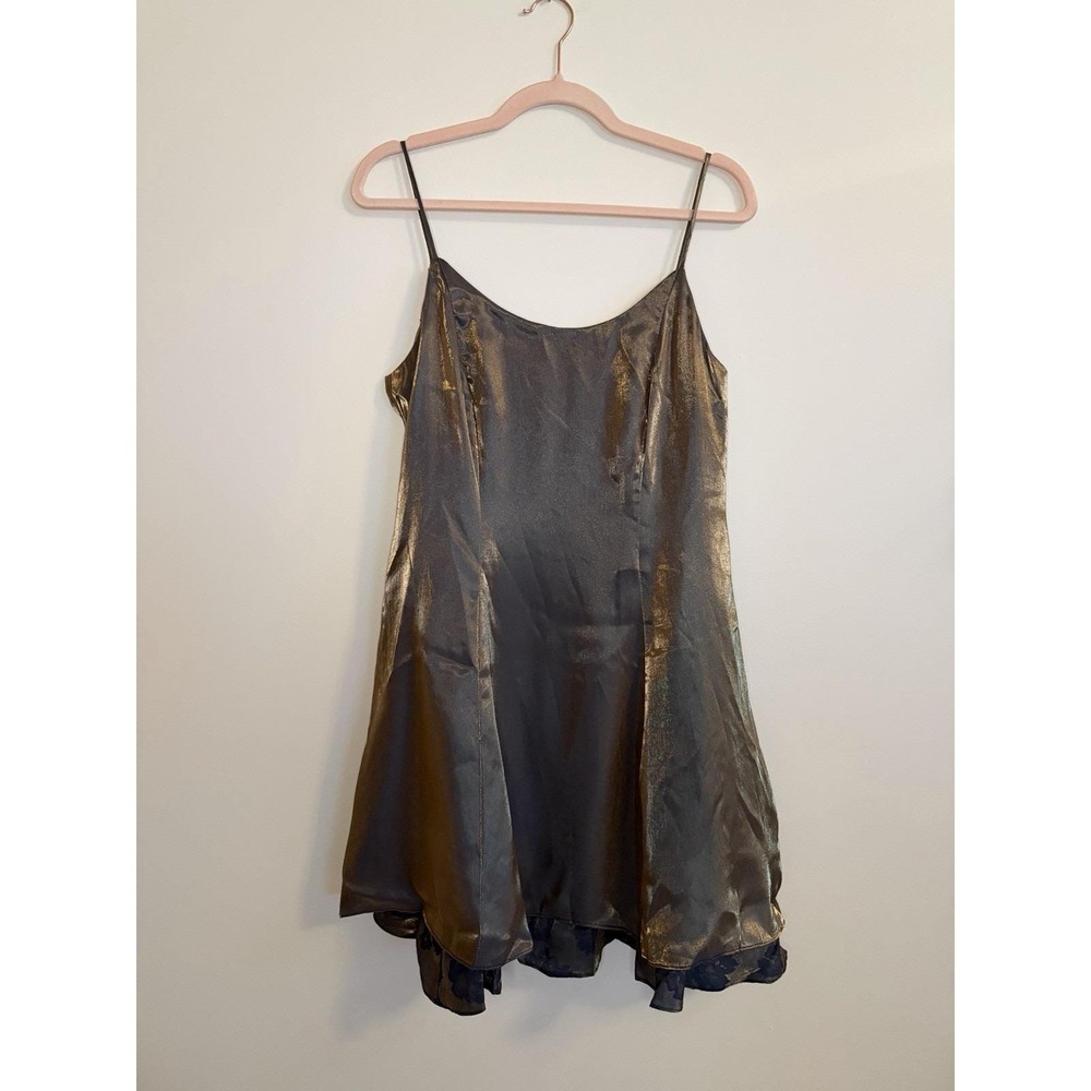 Vintage 90s J.R. Nites Metallic Gold Bubble Hem Dress Petite 8 Dark Floral Trim